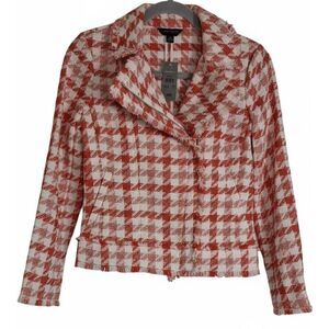 Ann Taylor womens xsmall red and white blazer jacket check plaid asymmetric zip